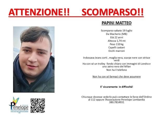 Matteo Papini è scomparso da Macherio, l'appello sociale dell'Associazione Penelope