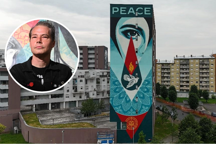 Il murale dipinto da Obey al Gallaratese; nel tondo, Shepard Fairey (Obey)