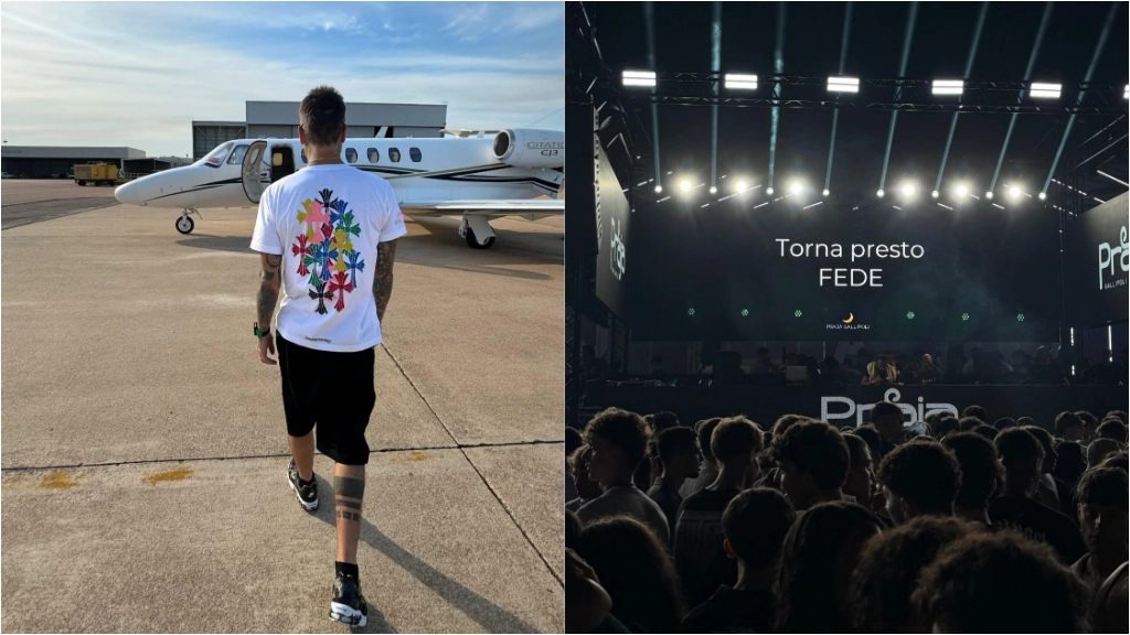 A sinistra l'ultima foto postata da Fedez sui social, appena prima di salire sul jet privato verso la Puglia; a destra il messaggio di incoraggiamento della Praja a Gallipoli dove il rapper si sarebbe dovuto esibire venerdì 2 agosto A sinistra l'ultima foto postata da Fedez sui social, appena prima di salire sul jet privato verso la Puglia; a destra il messaggio di incoraggiamento della Praja a Gallipoli dove il rapper si sarebbe dovuto esibire venerdì 2 agosto