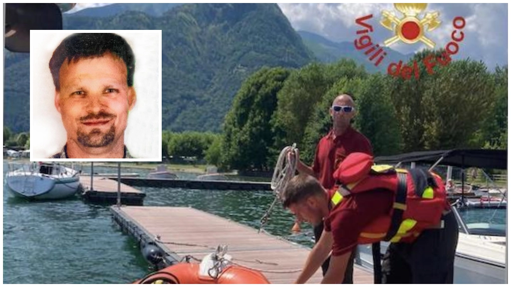 Vigili del fuoco in azione sul lago di Como e, nel riquadro, la vittima Fraedrich Tim