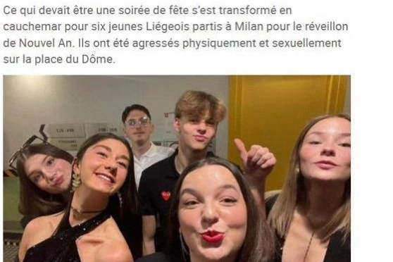 Il gruppo di ragazzi e ragazze del Belgio che hanno trascorso Capodanno a Milano (Screenshot da sudinfo.be)