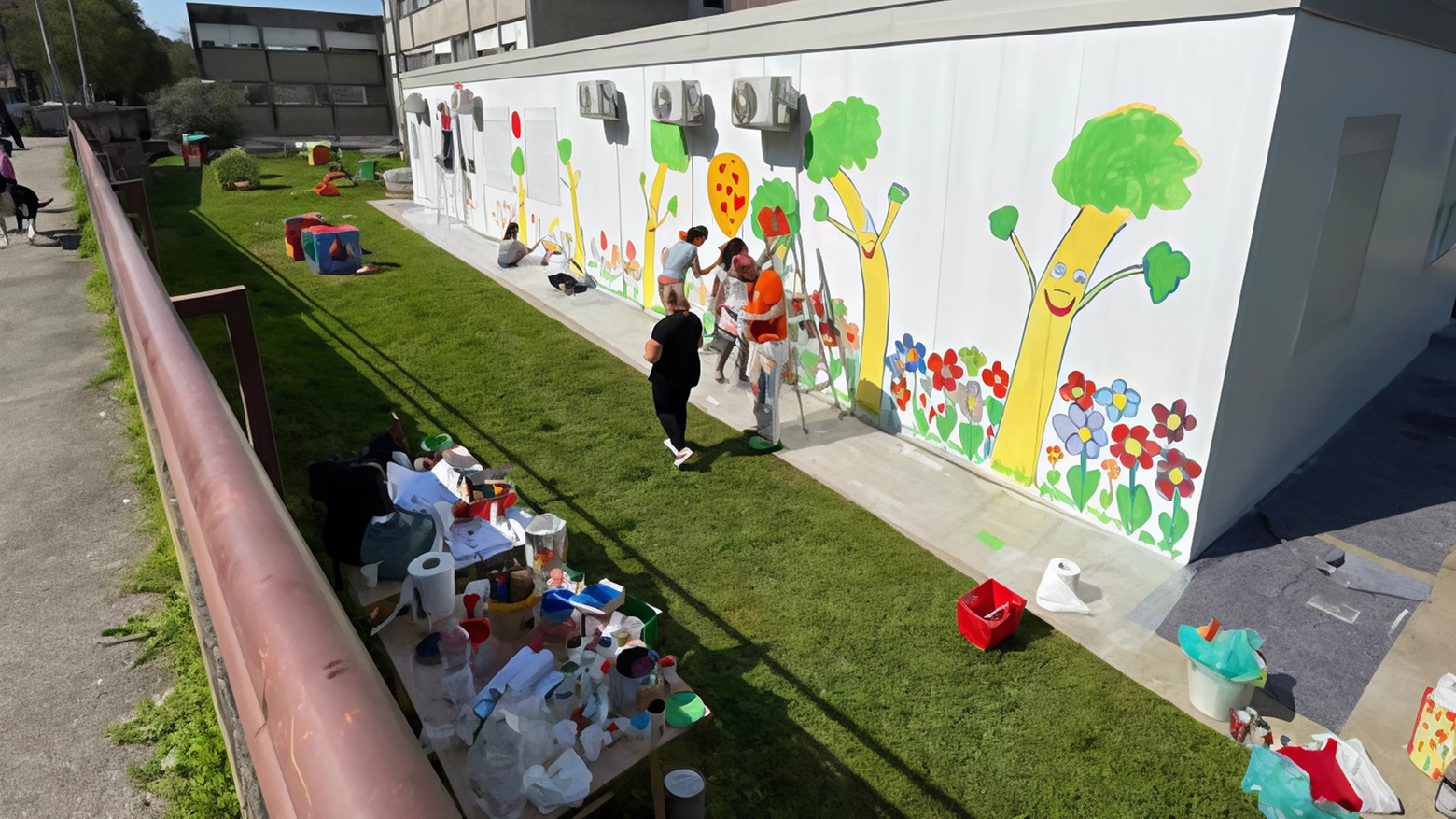 Gregorio Mancino, noto come Greg, insieme ai bambini e volontari, dipinge un murale allegro sul prefabbricato dell'asilo Tagliabue a Villasanta, coinvolgendo la comunità scolastica.