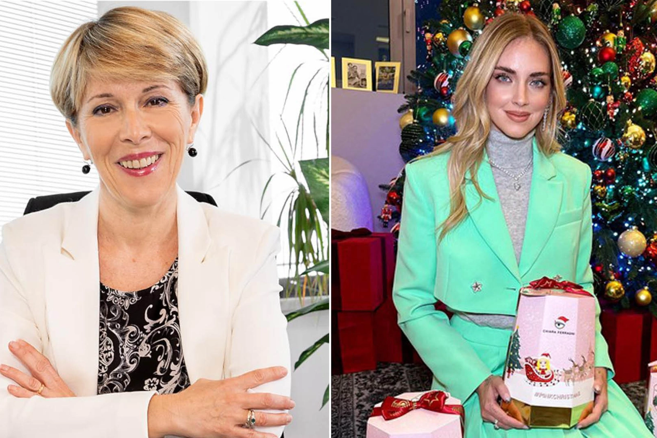 Alessandra Balocco, ad dell'omonima azienda dolciaria piemontese, e Chiara Ferragni in posa sotto l'albero con il pandoro della discordia