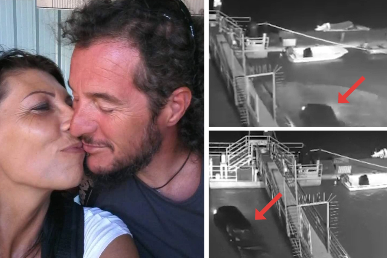 Stefano del Re e Lorena Vezzosi in un momento di tenerezza. A destra, il video che mostra il momento in cui l'auto finisce in acqua