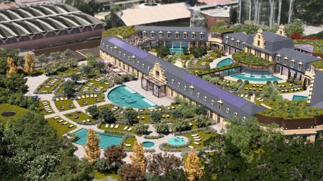 Il rendering delle nuove terme che sono in corso di realizzazione all’interno delle ex scuderie De Montel a San Siro Il rendering delle nuove terme che sono in corso di realizzazione all’interno delle ex scuderie De Montel a San Siro