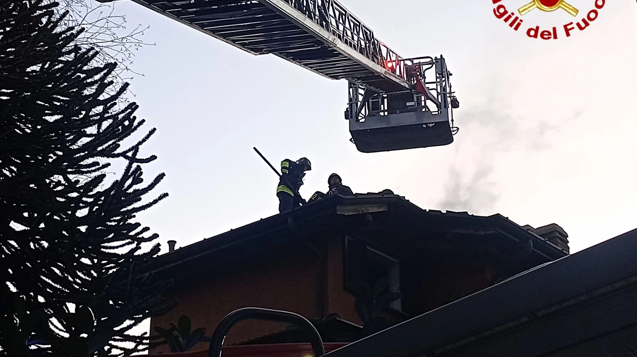 L'intervento dei vigili del fuoco sul tetto della villetta L'intervento dei vigili del fuoco sul tetto della villetta