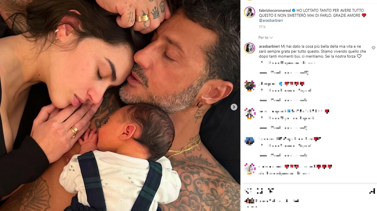 Il post Instagram di Fabrizio Corona e la risposta della compagna Sara Barbieri. Nella foto con il loro primo figlio, Thiago