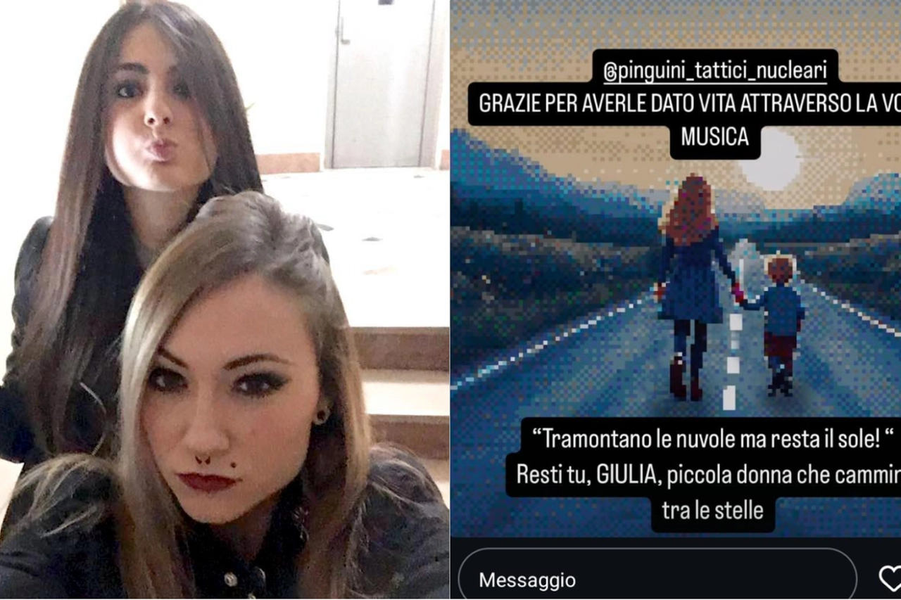 Giulia e Chiara Tramontano; a destra, la stories di Chiara con il tag dei Pinguini