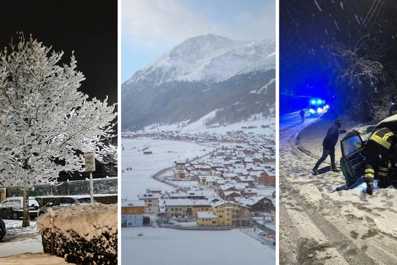 Nevicate su varie province della Lombardia. Al centro, Livigno imbiancata. A destra, l'intervento dei vigili del fuoco dopo un incidente a Besozzo
