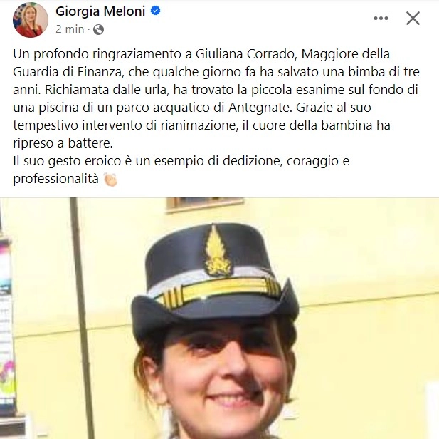 Giuliana Corrado, Maggiore della Guardia di Finanza, che ha salvato una bimba di 3 anni caduta in piscina (Post Facebook Giorgia Meloni)