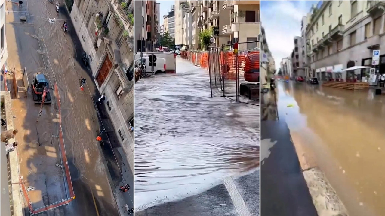 Alcuni frame dei video pubblicati da alcuni utenti X di via Fontana allagata. L'allagamento è stato causato da un errore nei lavori di scavo sul manto stradale. 25o famiglie senz'acqua