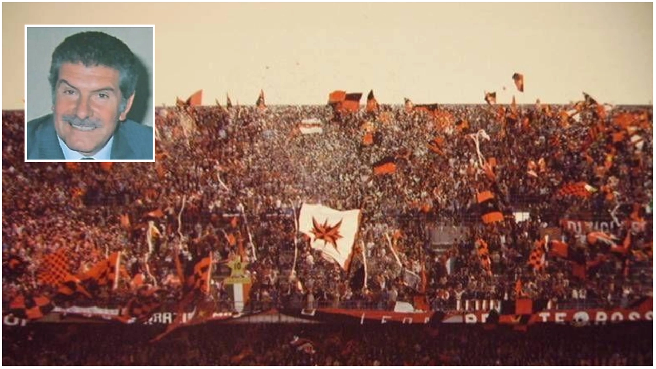 Una foto della Curva Sud negli anni '80; nel riquadro, Giuseppe "Giussy" Farina