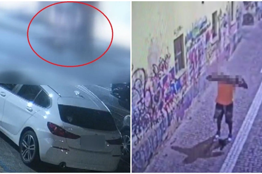 A sinistra un momento dell'aggressione, a destra la fuga di uno dei due aggressori (frame dai video della videosorveglianza)