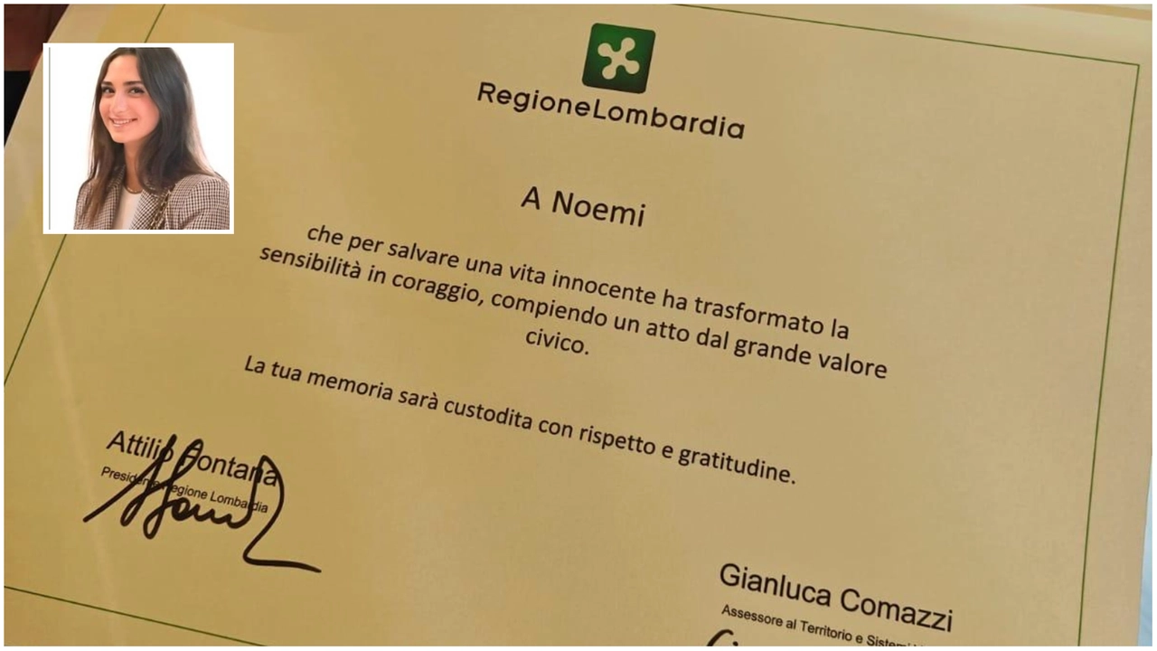 L'attestato in ricordo di Noemi della Regione Lombardia