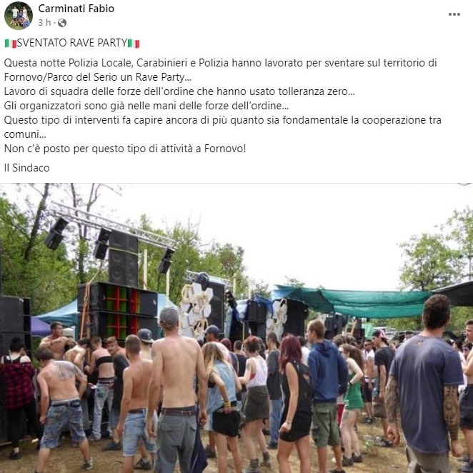 Il post Facebook del sindaco di Fornovo San Giovanni, Fabio Carminati