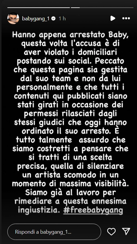 La storia pubblicata sulla pagina Instagram di Baby Gabg