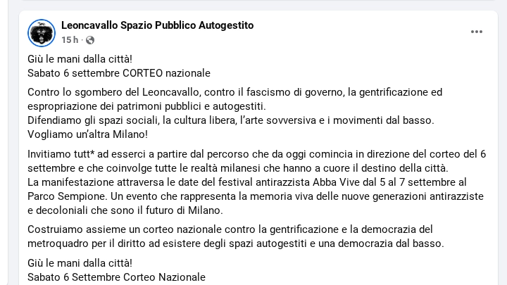 Il post Facebook con l'invito al corteo (Profilo Leonkavallo Spazio Pubblico Autogestito)