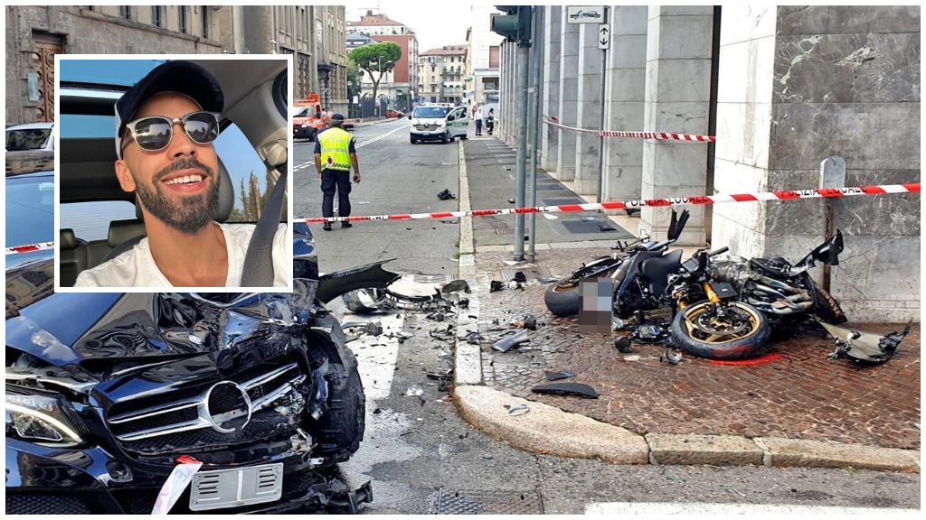 I mezzi coinvolti nell'incidente e, nel riquadro, la vittima Yemlal El Arbi Zakaria I mezzi coinvolti nell'incidente e, nel riquadro, la vittima Yemlal El Arbi Zakaria