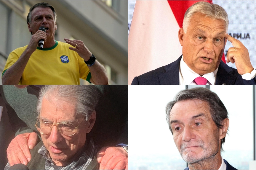 Vecchi e nuovi protagonisti di Pontida: in alto a sinistra l'ex presidente brasiliano Jair Bolsonaro, a fianco il leader ungherese Viktor Orbán. In basso, Umberto Bossi e Attilio Fontana
