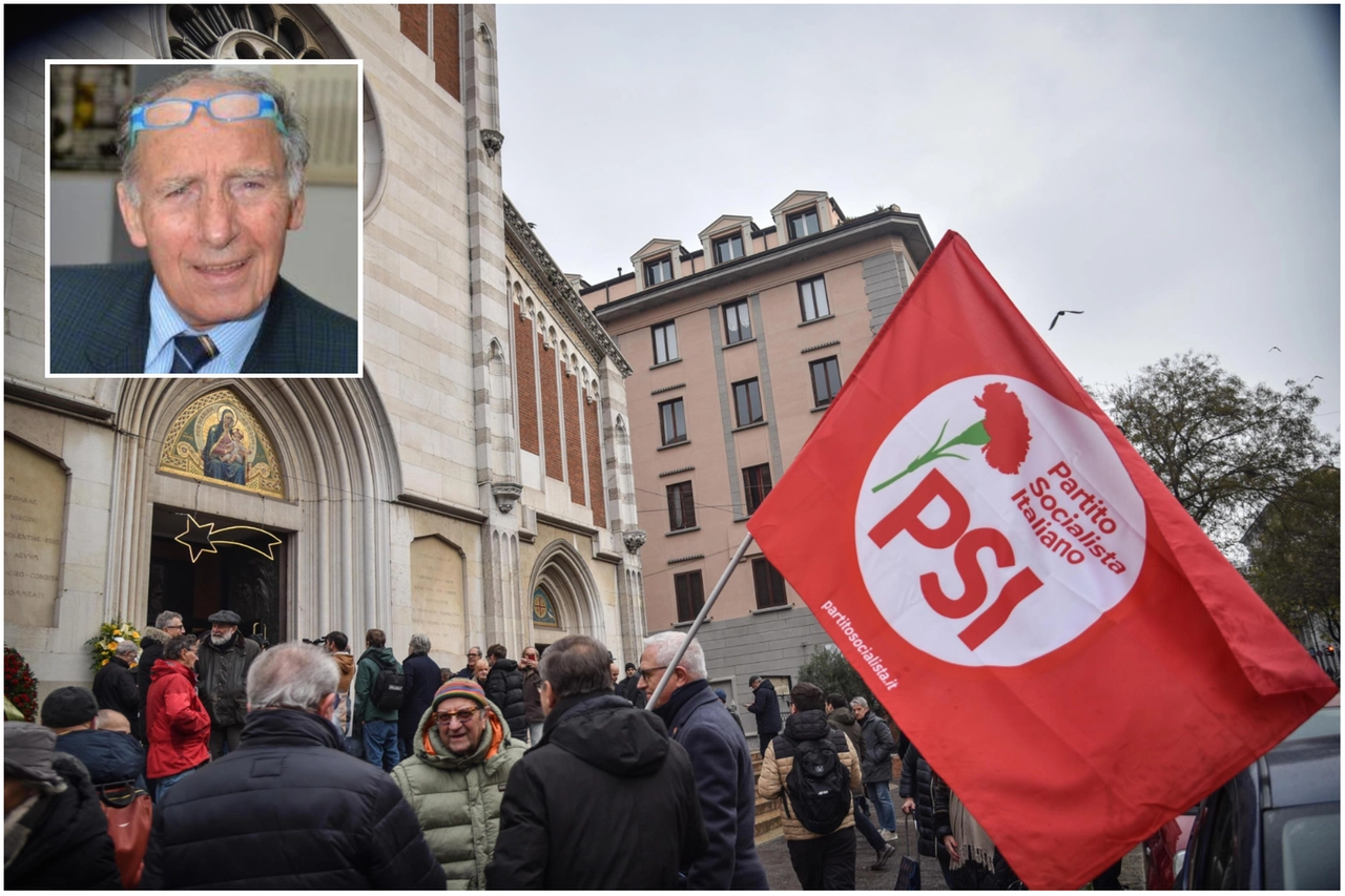 I funerali di Paolo Pillitteri nella chiesa di Santa Maria del Suffragio a Milano; nel riquadro l'ex sindaco di Milano morto all'età di 84 anni