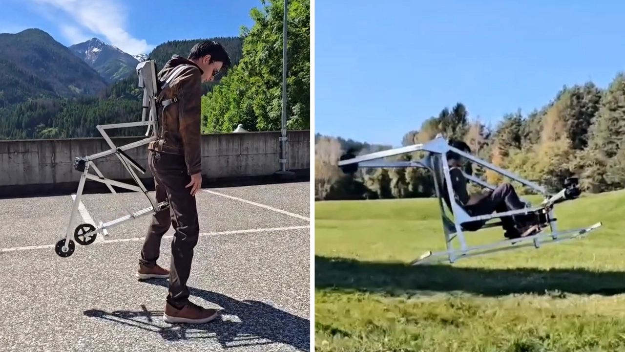 Le due invenzioni di Alessandro Pippa: uno zaino che da indossato si trasforma in un piccolo veicolo elettrico e un quadricottero pieghevole trasportabile in automobile