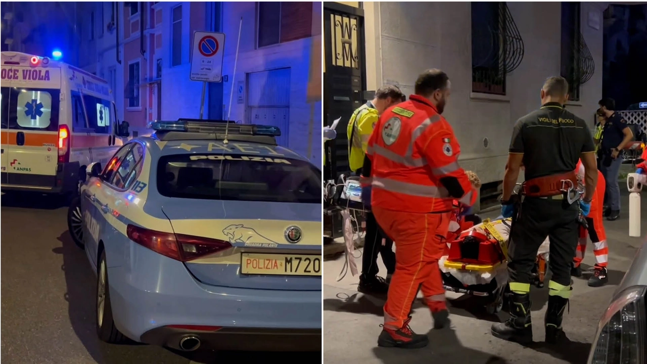 Polizia e ambulanza sono arrivate nella palazzina di via Romolo Gessi: i soccorritori hanno portato via i ladri che si sono tuffati dal balcone per provare la fuga
