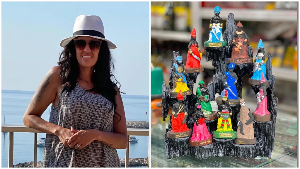 Adilma Pereira Carneiro; a destra, statuine che riproducono gli orishas del candomblè