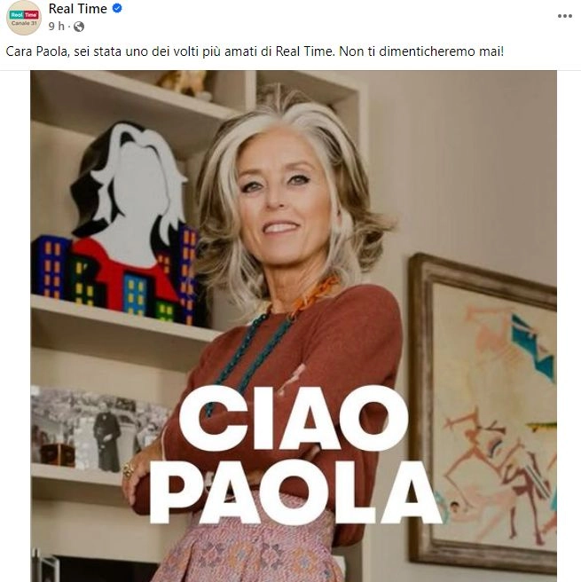 Il post di Real Time su Facebook per l'addio a Paola Marella, morta a 61 anni