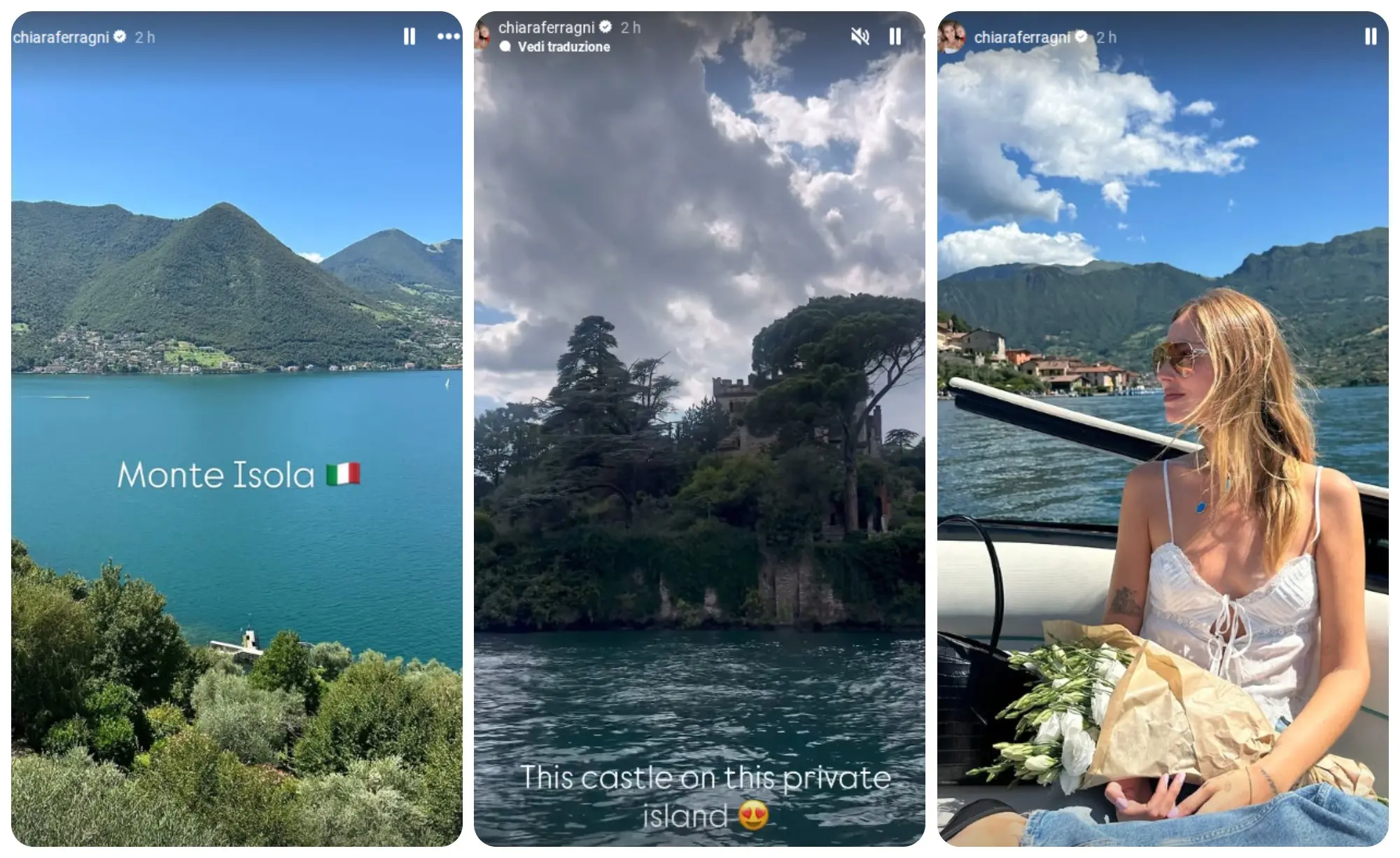 Chiara Ferragni, dal lago di Como a quello d’Iseo: giornata in barca tra Monte Isola e l’Isola di Loreto
