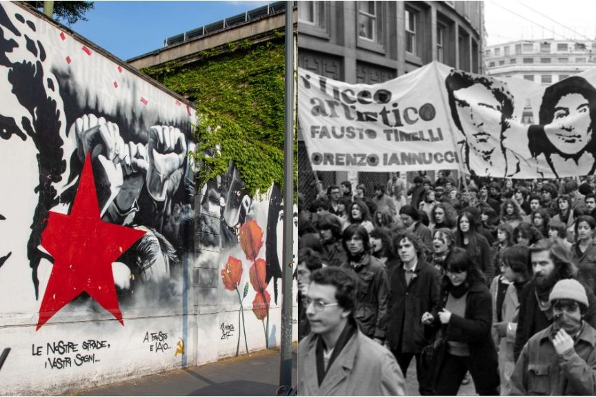 Il murale dedicato a Fausto e Iaio in via Mancinelli, dove furono uccisi e uno dei tanti cortei organizzati a Milano nel 1978 per chiedere giustizia