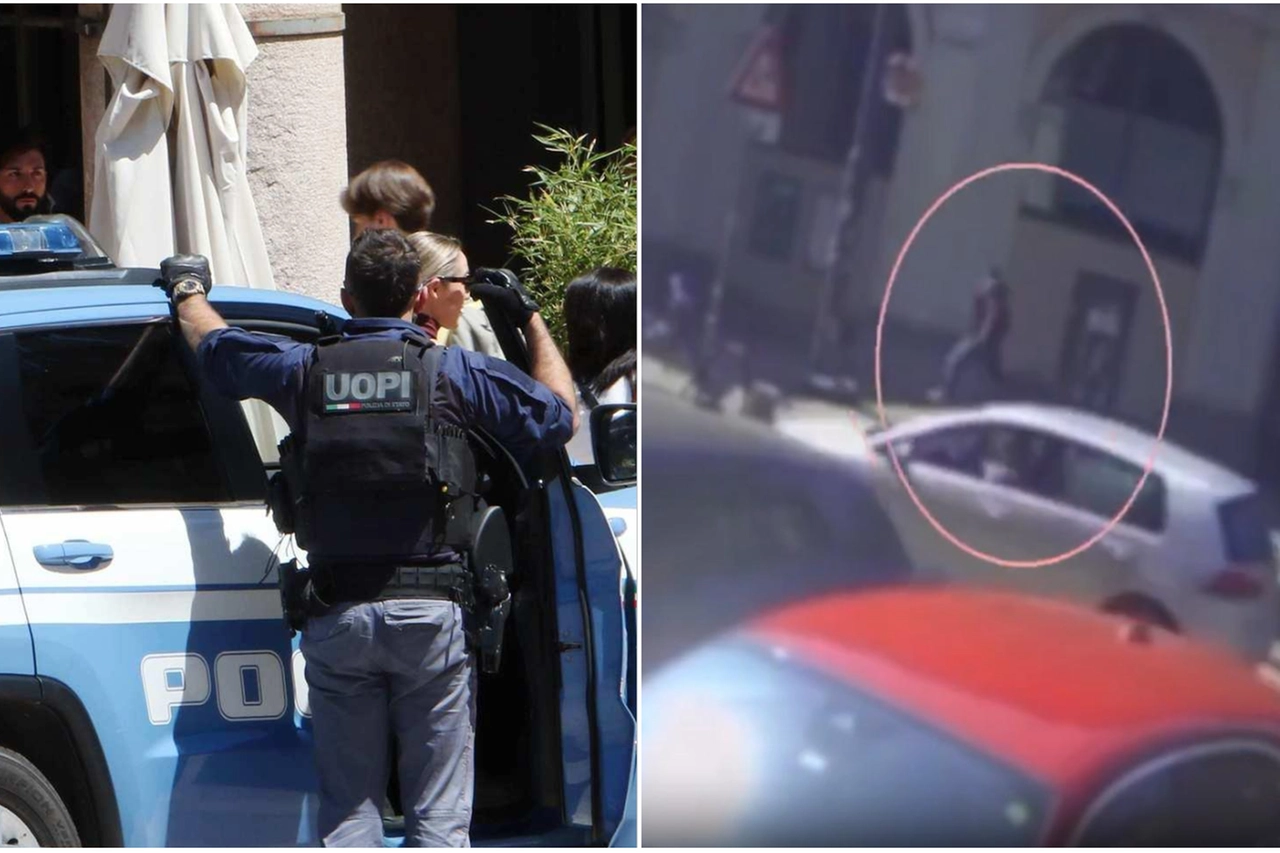 Polizia in corso Vittorio Emanuele; a destra, uno dei peruviani mentre fugge dopo il tentativo di furto in un locale di Foro Buonaparte (frame video)