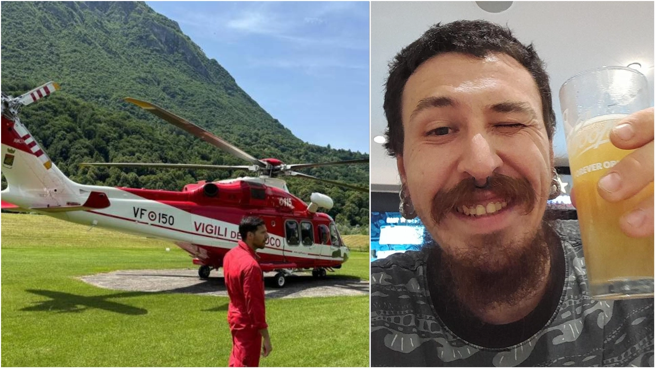 L'elicottero che si è alzato in volo per le ricerche di Marco Panzeri (a destra), 33 anni, successivamente trovato morto L'elicottero che si è alzato in volo per le ricerche di Marco Panzeri (a destra), 33 anni, successivamente trovato morto