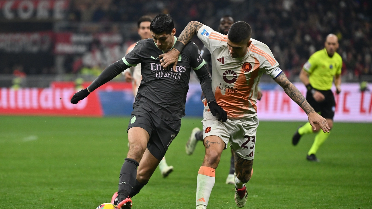 Nella foto Alvaro Morata (Milan) e Gianluca Mancini (Roma) Nella foto Alvaro Morata (Milan) e Gianluca Mancini (Roma)