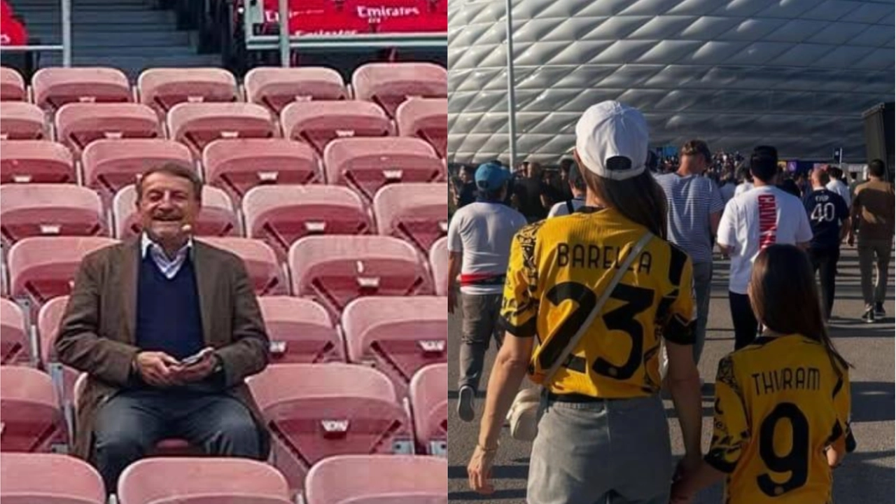 Giacomo Poretti, e a destra l'immagine postata da Cattelan su Instagram: le figlie mentre entrano all'Allianz Arena di Monaco