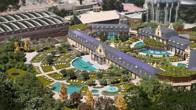 Il rendering del nuovo parco termale De Montel, vicino a San Siro Il rendering del nuovo parco termale De Montel, vicino a San Siro