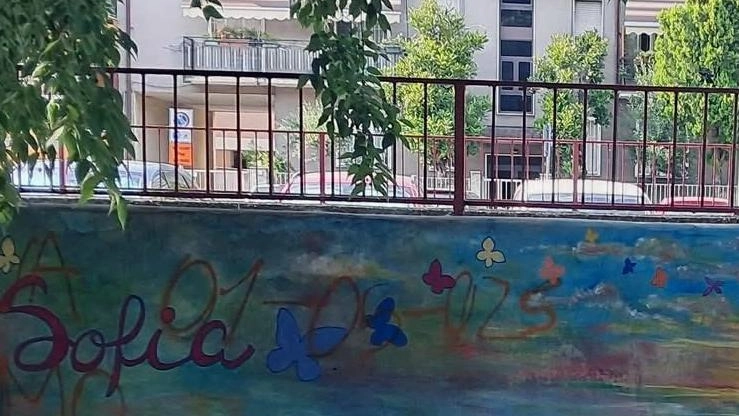 Le scritte comparse sul murale realizzato l’anno scorso in ricordo di Sofia Castelli la studentessa. uccisa nel. 2023 dall’ex Le scritte comparse sul murale realizzato l’anno scorso in ricordo di Sofia Castelli la studentessa. uccisa nel. 2023 dall’ex
