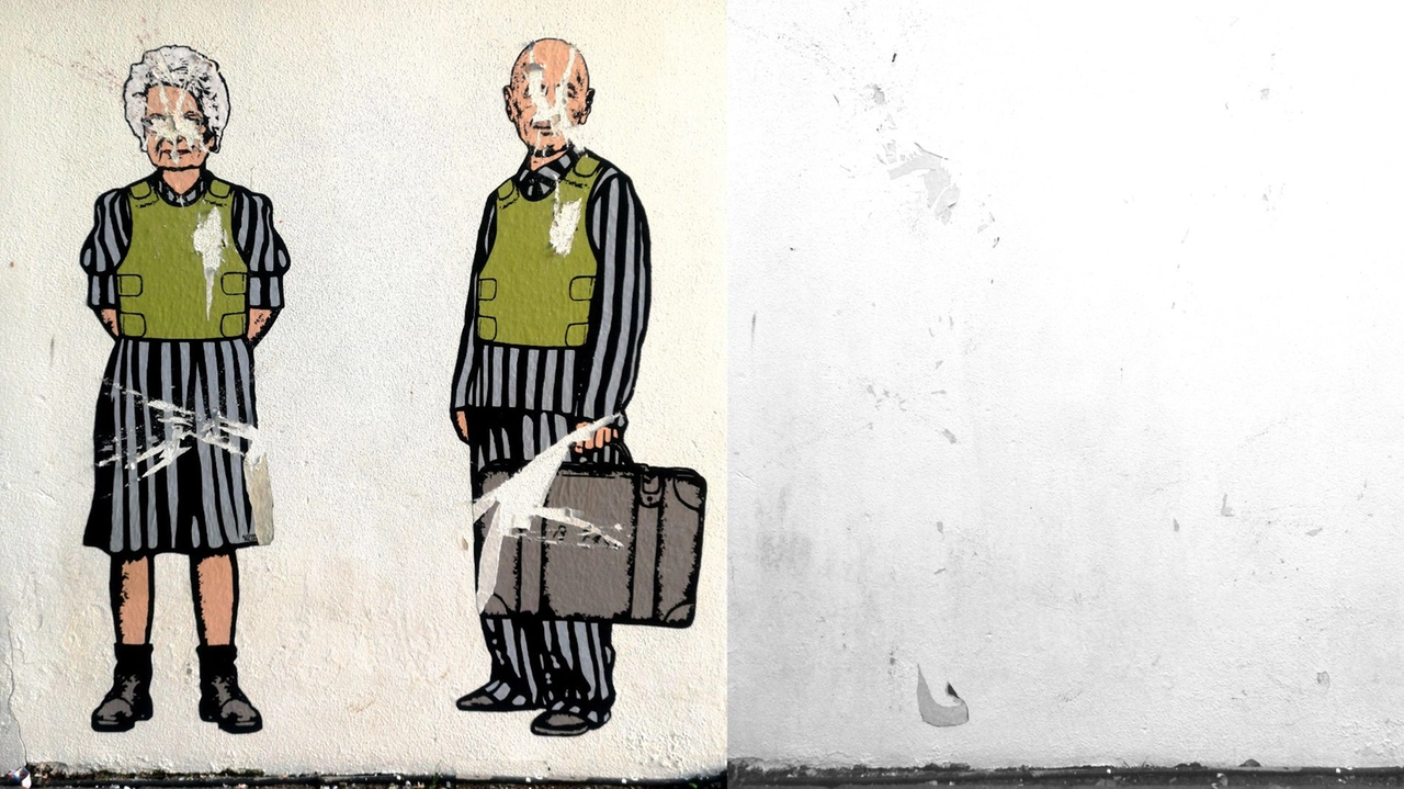 A sinistra, il murale vandalizzato con le stelle di Davide cancellate sul petto di Liliana Segre e di Samy Modiano. A destra, il muro come si presenta col murale completamente cancellato A sinistra, il murale vandalizzato con le stelle di Davide cancellate sul petto di Liliana Segre e di Samy Modiano. A destra, il muro come si presenta col murale completamente cancellato