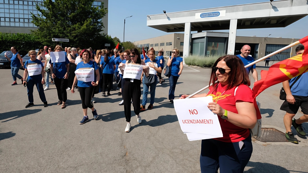 Una manifestazione dei lavoratori della Peg Perego contro i 95 licenziamenti annunciati dall’azienda dei passeggini