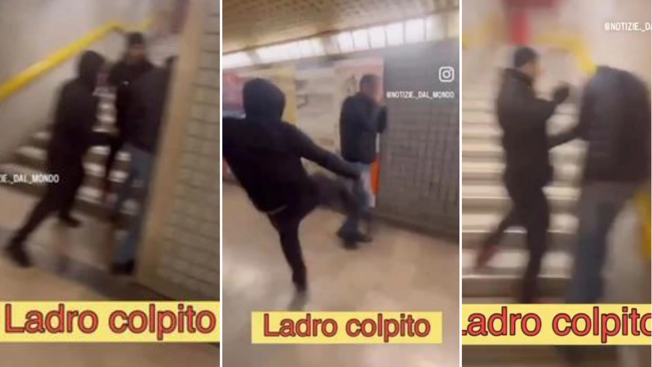 Tre fotogrammi del video postato su Instagram che mostra un’aggressione sulle scale della metropolitana gialla Tre fotogrammi del video postato su Instagram che mostra un’aggressione sulle scale della metropolitana gialla