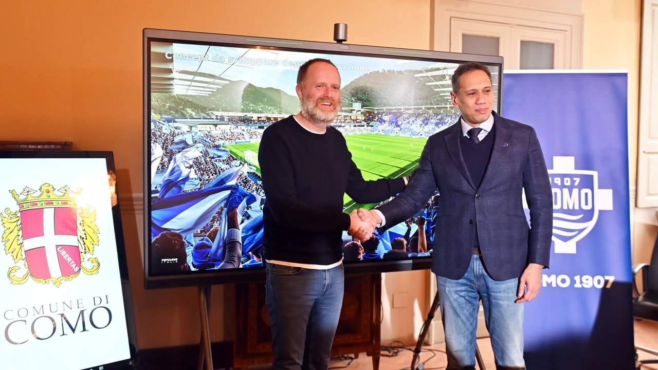 Il presidente del Como Mirwan Suwarso e il sindaco Alessandro Rapinese svelano il progetto del nuovo stadio Il presidente del Como Mirwan Suwarso e il sindaco Alessandro Rapinese svelano il progetto del nuovo stadio