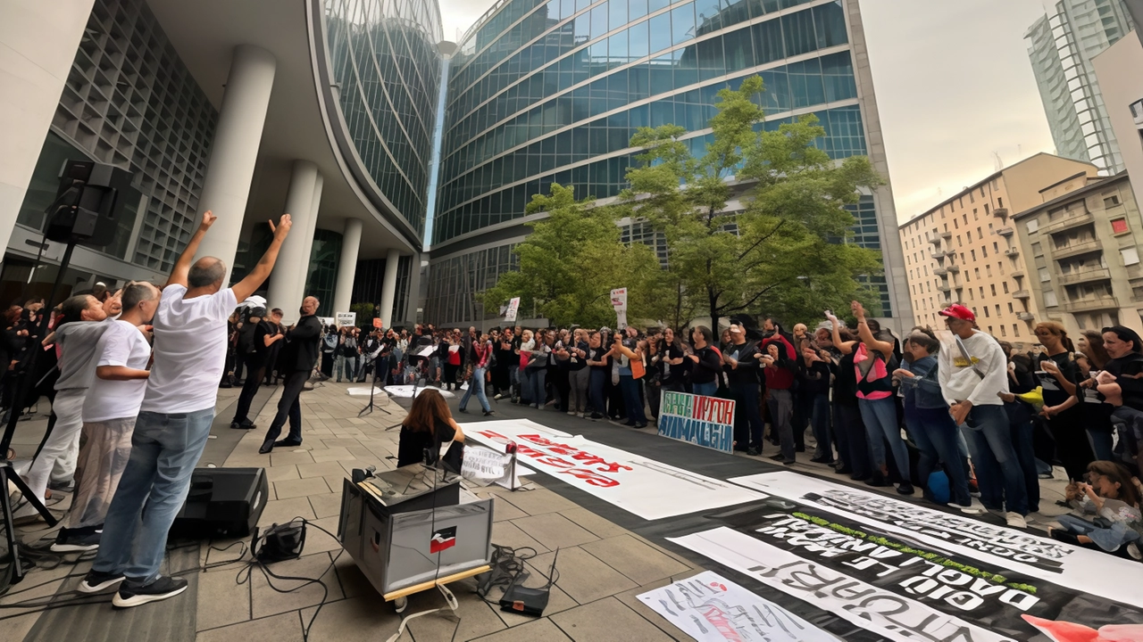 Uno dei momenti della protesta davanti al palazzo della Regione a Milano Uno dei momenti della protesta davanti al palazzo della Regione a Milano