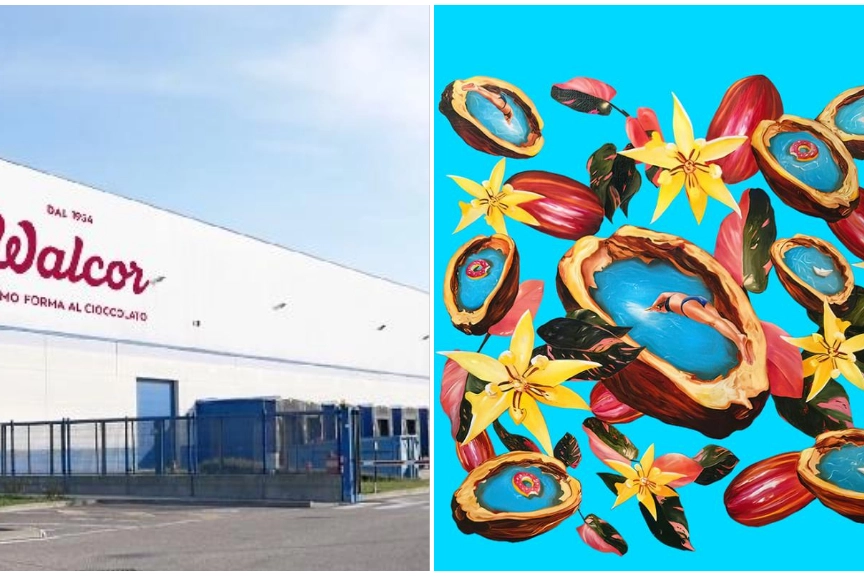 L'ingresso dell'azienda; a destra, l'immagine celebrativa per i 70 anni