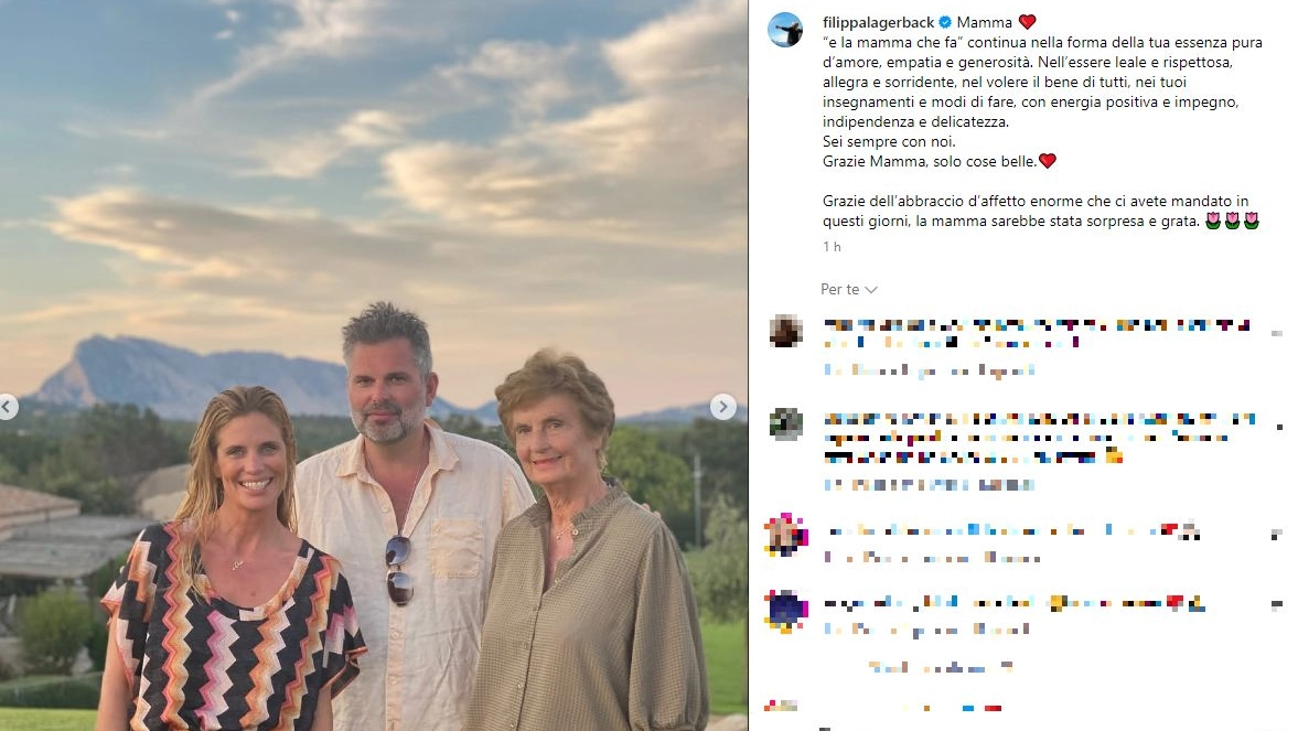 Il post di Filippa Lagerback dedicato a sua mamma. Nella foto ci sono le due donne e l'altro figlio di Margarteha, Max (Foto Instagram)