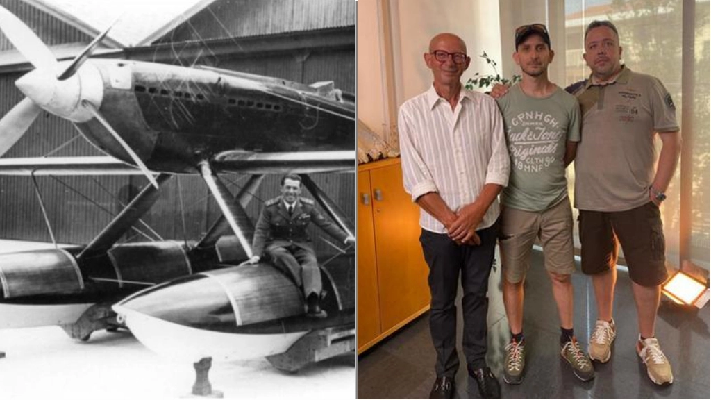 Francesco Agello e il suo idrovolante; a destra Dionigi, Donati e Mattinzoli Francesco Agello e il suo idrovolante; a destra Dionigi, Donati e Mattinzoli