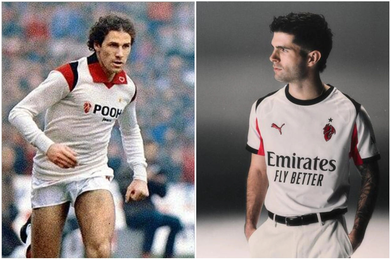 Maglie a confronto: Franco Baresi nell'81-82 e Christian Pulisic 25-26 (quest'ultima da sito AC Milan)