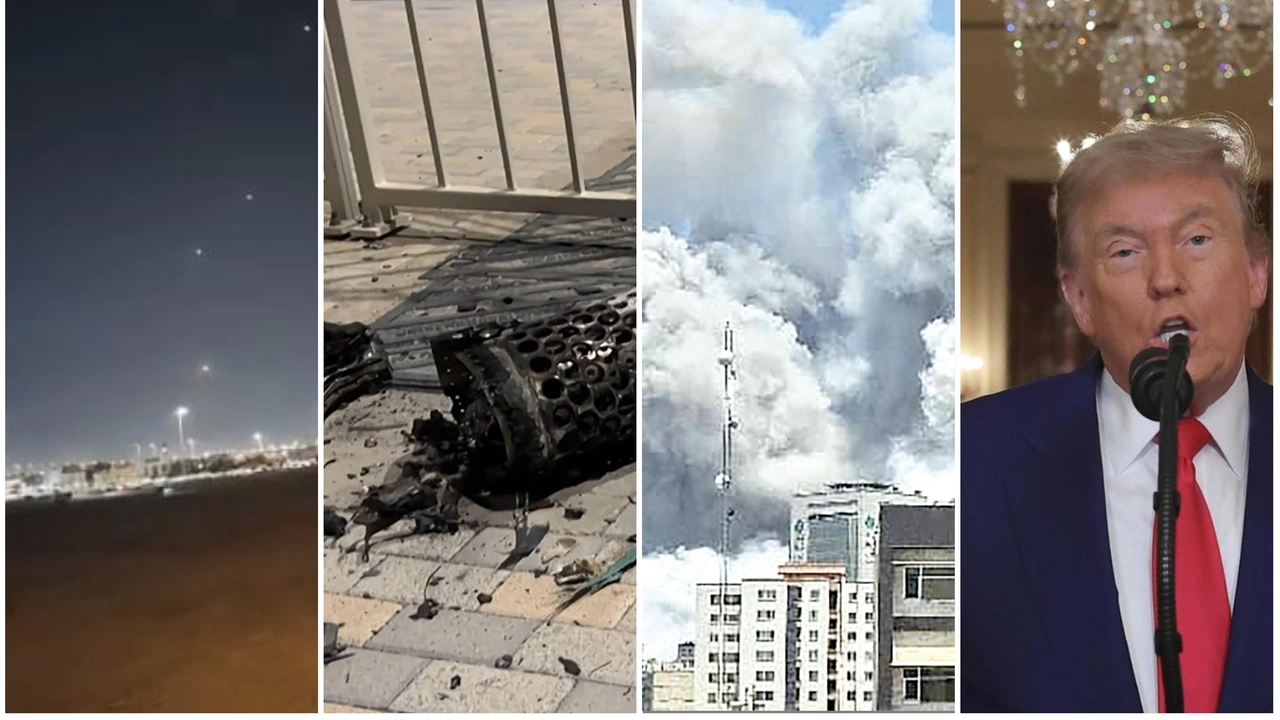 Da sinistra esplosioni nel cielo di Doha, in Qatar, i resti di un missile iraniano intercettato nel cielo Qatariota, bombe israeliane su Teheran, il presidente Usa Donald Trump