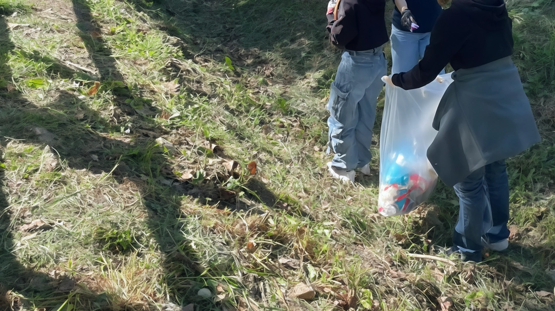 Studenti del Liceo Galileo Galilei puliscono il parco Castello di Legnano armati di sacchi e scope. Iniziativa di Lega Ambiente e Movimento Laudato Si' per promuovere la sostenibilità ambientale.