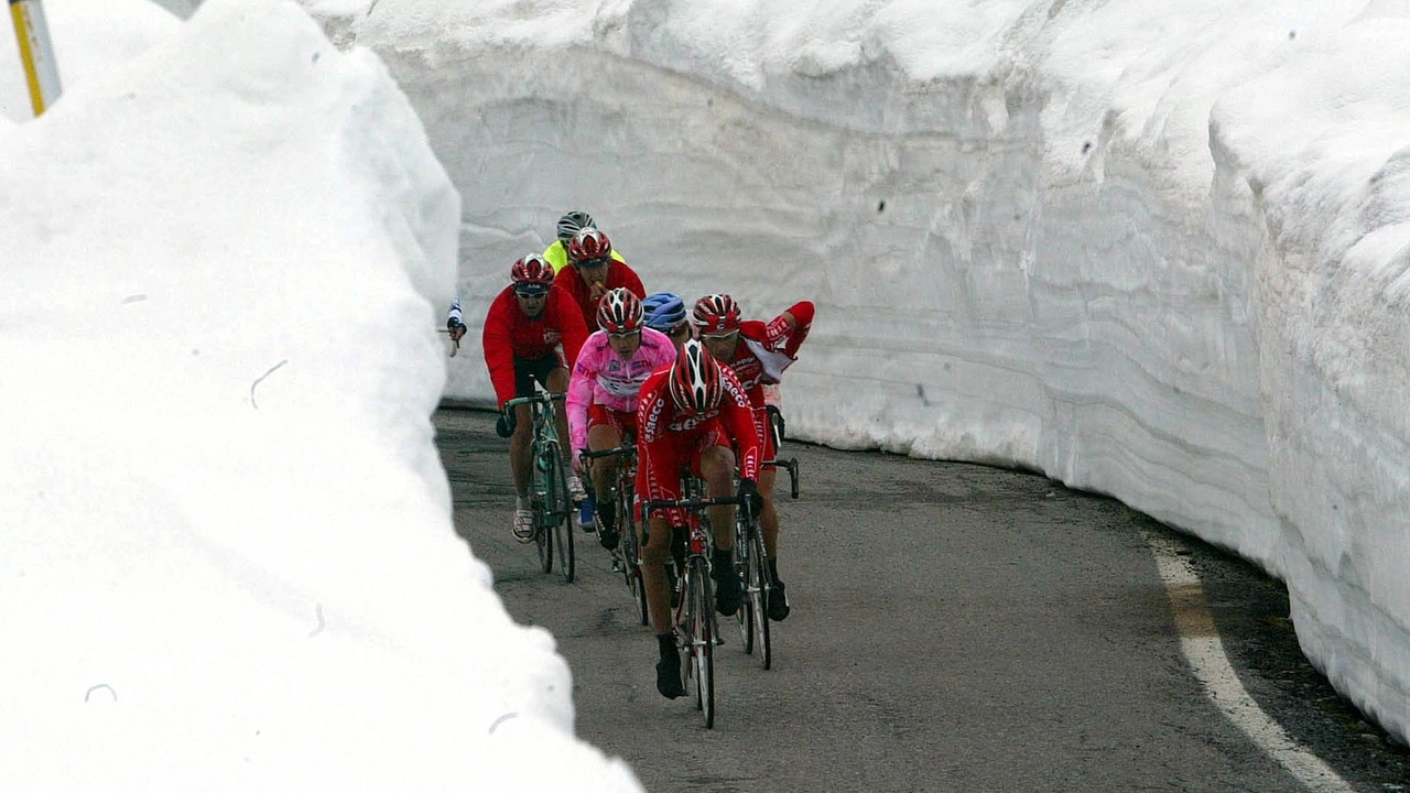 La maglia rosa Damiano Cunego sul Monte Gavia alla cima Coppi nella diciottesima tappa del Giro 2024 da Cles a Bormio La maglia rosa Damiano Cunego sul Monte Gavia alla cima Coppi nella diciottesima tappa del Giro 2024 da Cles a Bormio