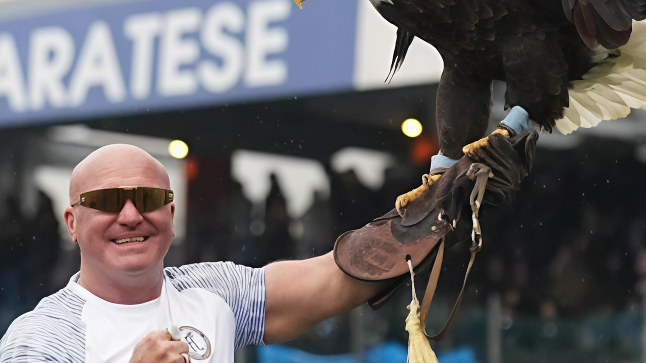 Il falconiere. Juan Bernabè con Olimpia sul campo della Folgore Caratese Il falconiere. Juan Bernabè con Olimpia sul campo della Folgore Caratese