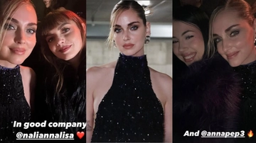 Chiara Ferragni il ritorno alle sfilate milanesi per i 30 anni di Dsquared: i selfie con Annalisa e Anna Pepe e il look chic con top nero e schiena nuda